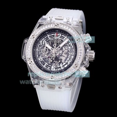 Copy Hublot Big Bang Unico Skeleton Watch Transparent Case White Rubber Band